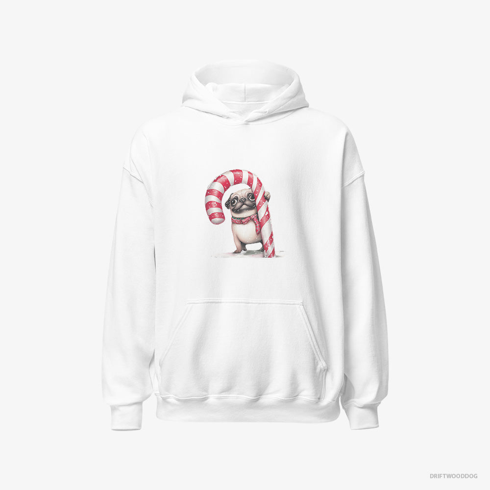 Pug Hoodie – Men White Hoodie Classic – Holding a Giant Christmas Candy Cane (on White Background)