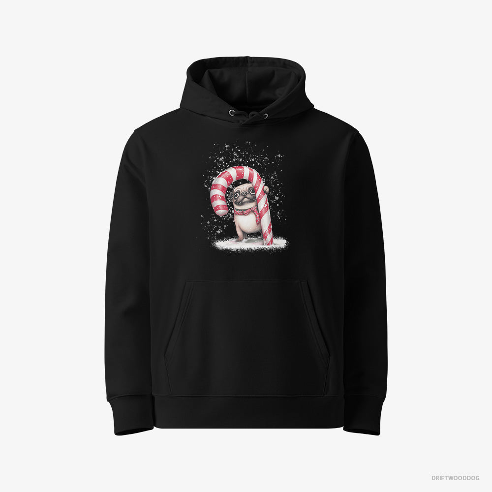 Pug Hoodie – Men Black Hoodie Eco-Friendly – Holding a Giant Christmas Candy Cane (on White Background)