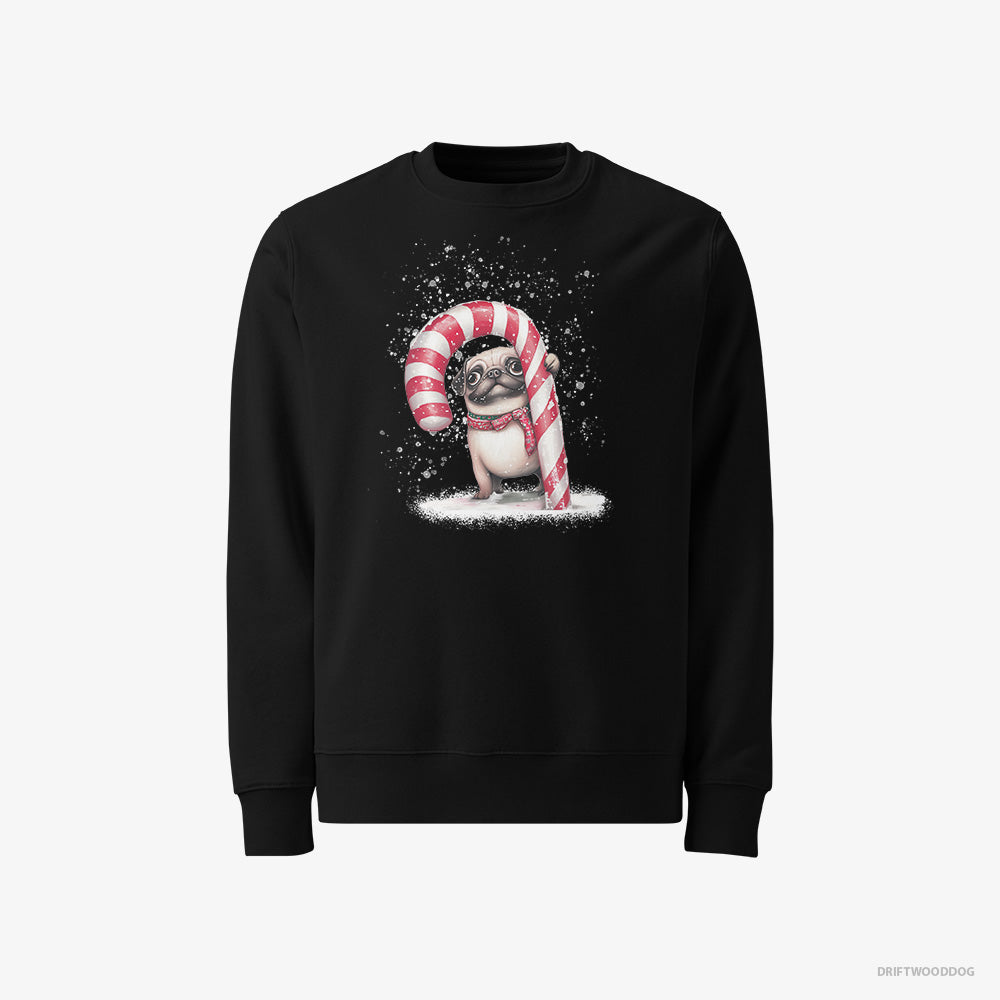 Pug Sweatshirt – Men Black Sweatshirt Classic – Holding a Giant Christmas Candy Cane (on White Background)