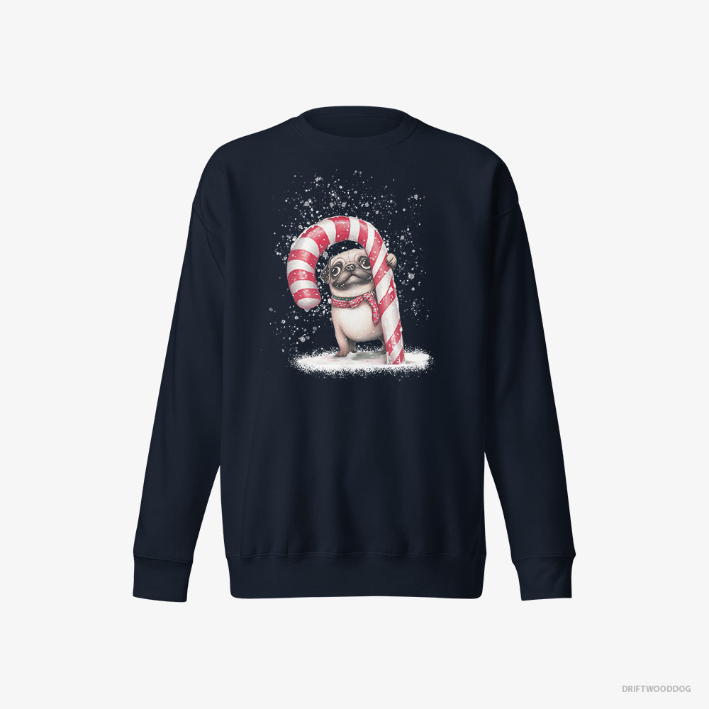 Pug Sweatshirt – Men Navy Sweatshirt Eco-Friendly – Holding a Giant Christmas Candy Cane (on White Background)