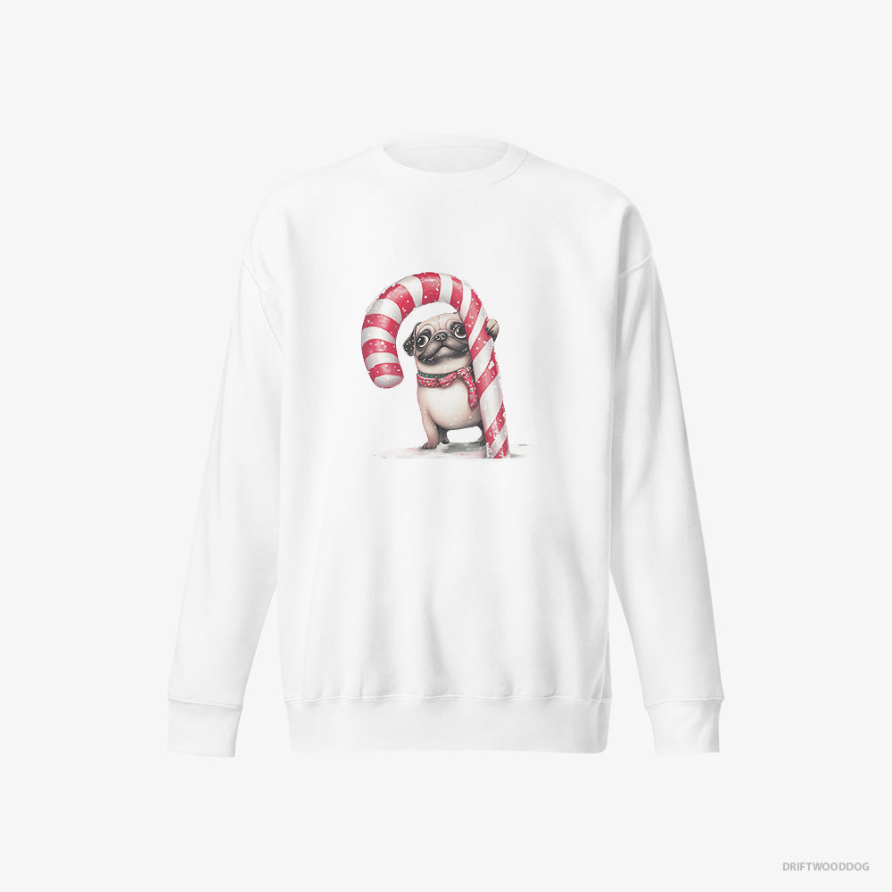 Pug Sweatshirt – Women White Sweatshirt Eco-Friendly – Holding a Giant Christmas Candy Cane (on White Background)