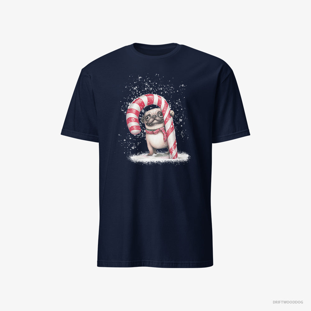 Pug T-Shirt – Men Navy T-Shirt Classic – Holding a Giant Christmas Candy Cane (on White Background)