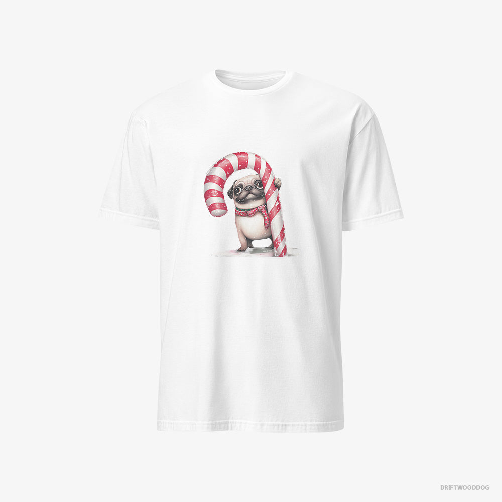 Pug T-Shirt – Men White T-Shirt Classic – Holding a Giant Christmas Candy Cane (on White Background)