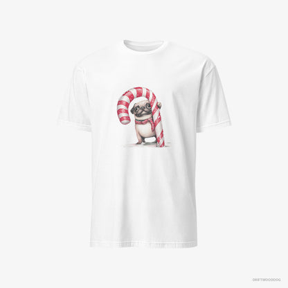 Pug T-Shirt – Men White T-Shirt Classic – Holding a Giant Christmas Candy Cane (on White Background)