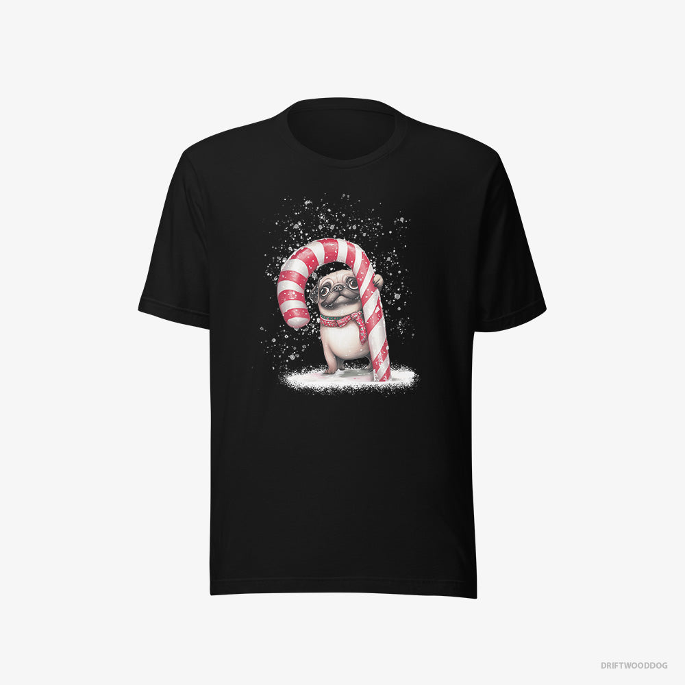 Pug T-Shirt – Women Black T-Shirt Eco-Friendly – Holding a Giant Christmas Candy Cane (on White Background)