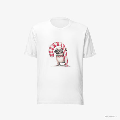 Pug T-Shirt – Men White T-Shirt Eco-Friendly – Holding a Giant Christmas Candy Cane (on White Background)