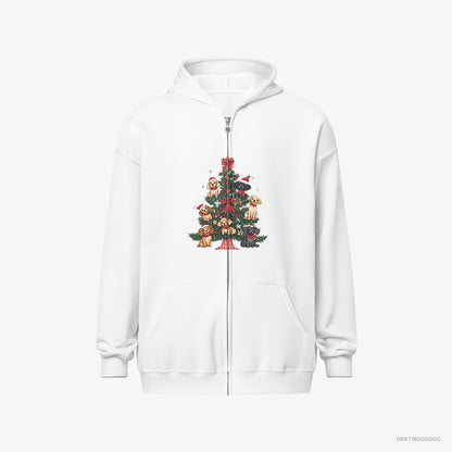 Poodle Hoodie – Men White Hoodie Full-Zip – Puppies Climbing Christmas Tree Branches (on White Background)