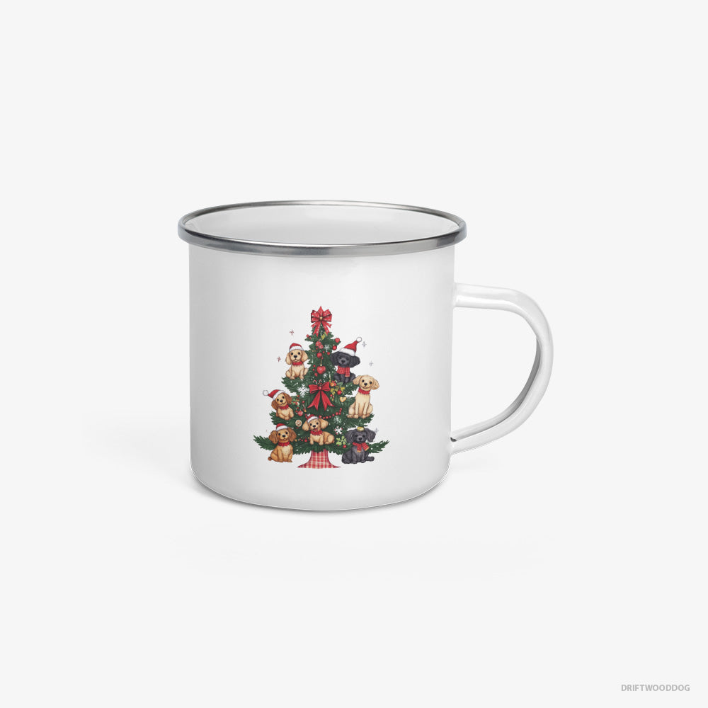 Poodle Puppies Climbing Christmas Tree Branches Enamel Mug