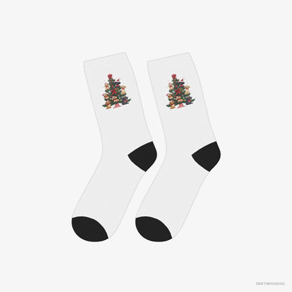 Poodle Socks – Unisex White Socks Classic – Puppies Climbing Christmas Tree Branches (on White Background)