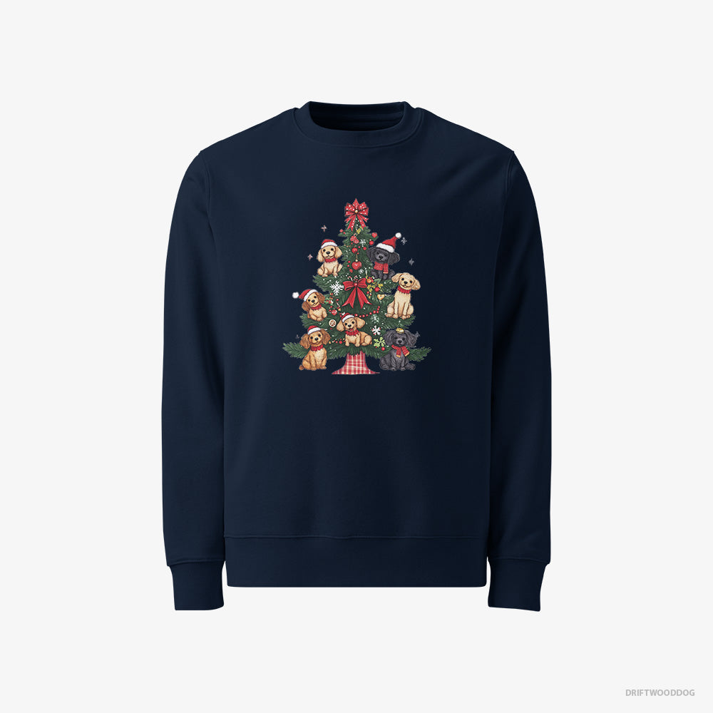 Poodle Sweatshirt – Men Navy Sweatshirt Classic – Puppies Climbing Christmas Tree Branches (on White Background)