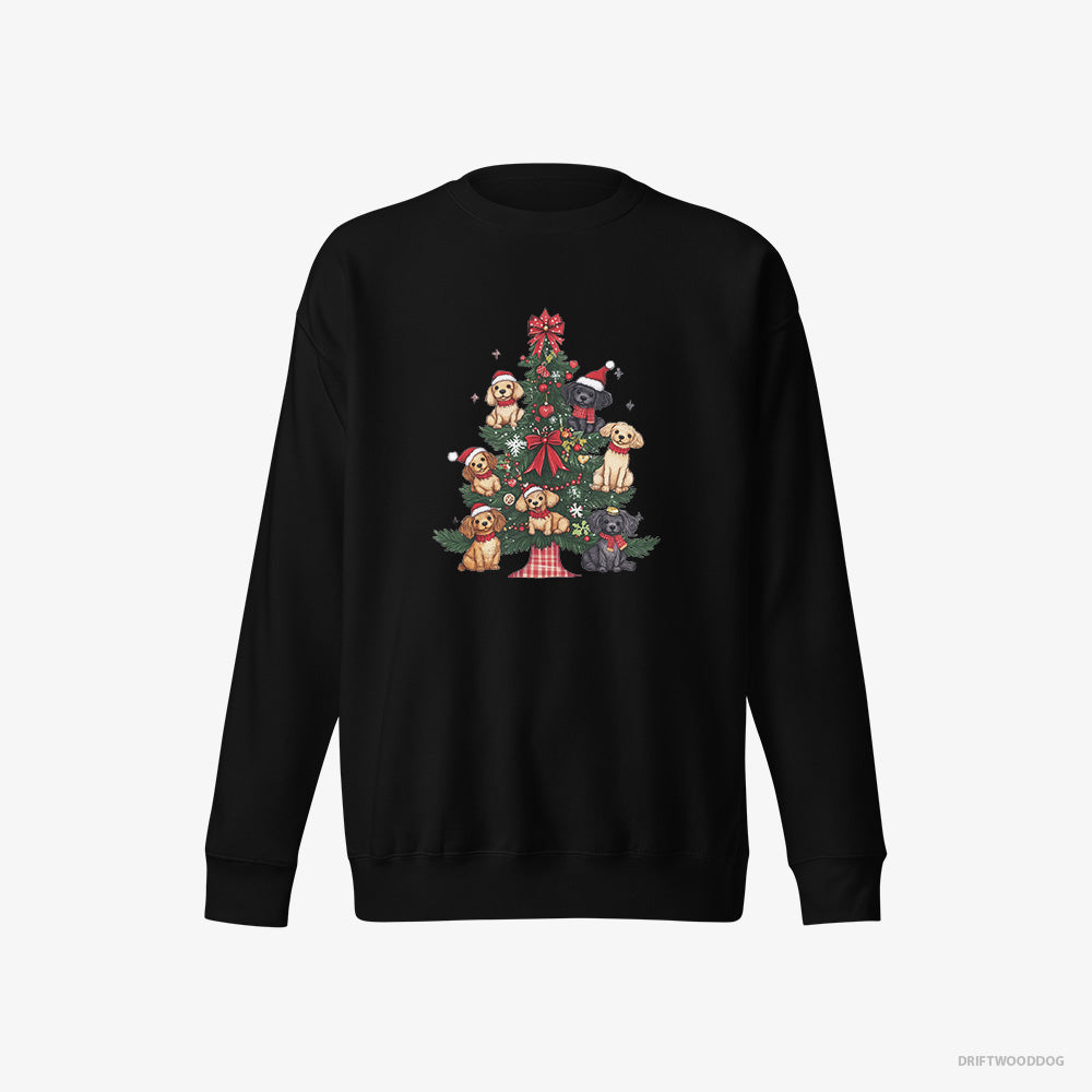 Poodle Sweatshirt – Women Black Sweatshirt Eco-Friendly – Puppies Climbing Christmas Tree Branches (on White Background)