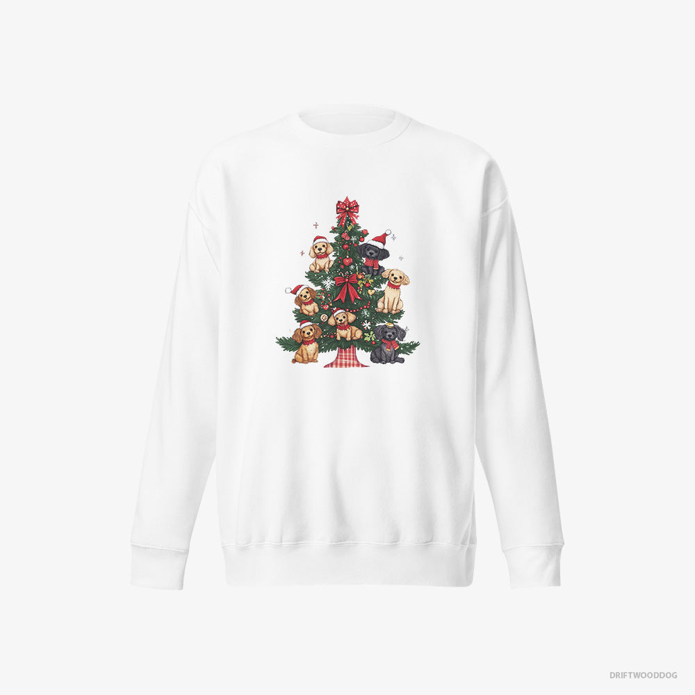 Poodle Sweatshirt – Women White Sweatshirt Eco-Friendly – Puppies Climbing Christmas Tree Branches (on White Background)