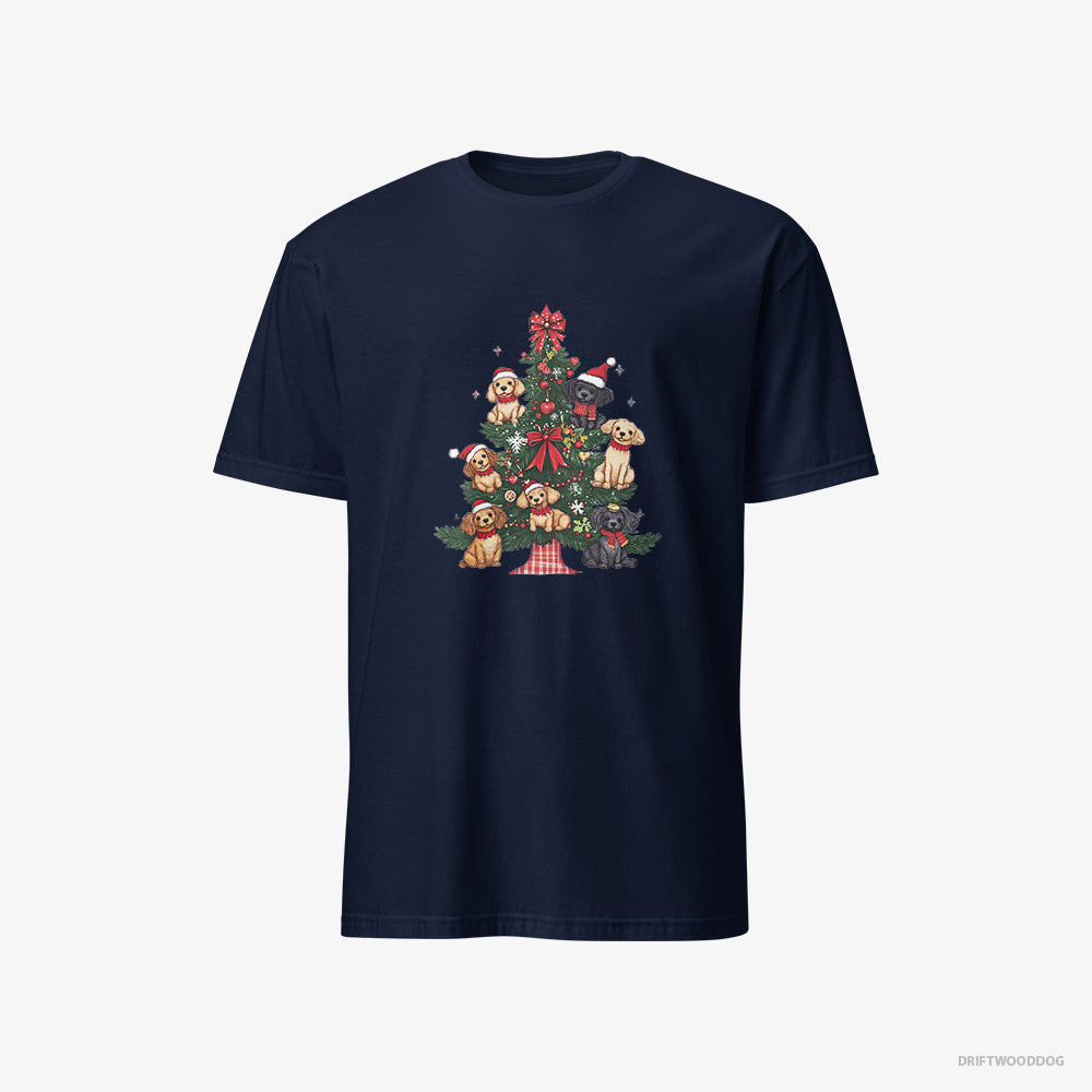 Poodle T-Shirt – Men Navy T-Shirt Classic – Puppies Climbing Christmas Tree Branches (on White Background)