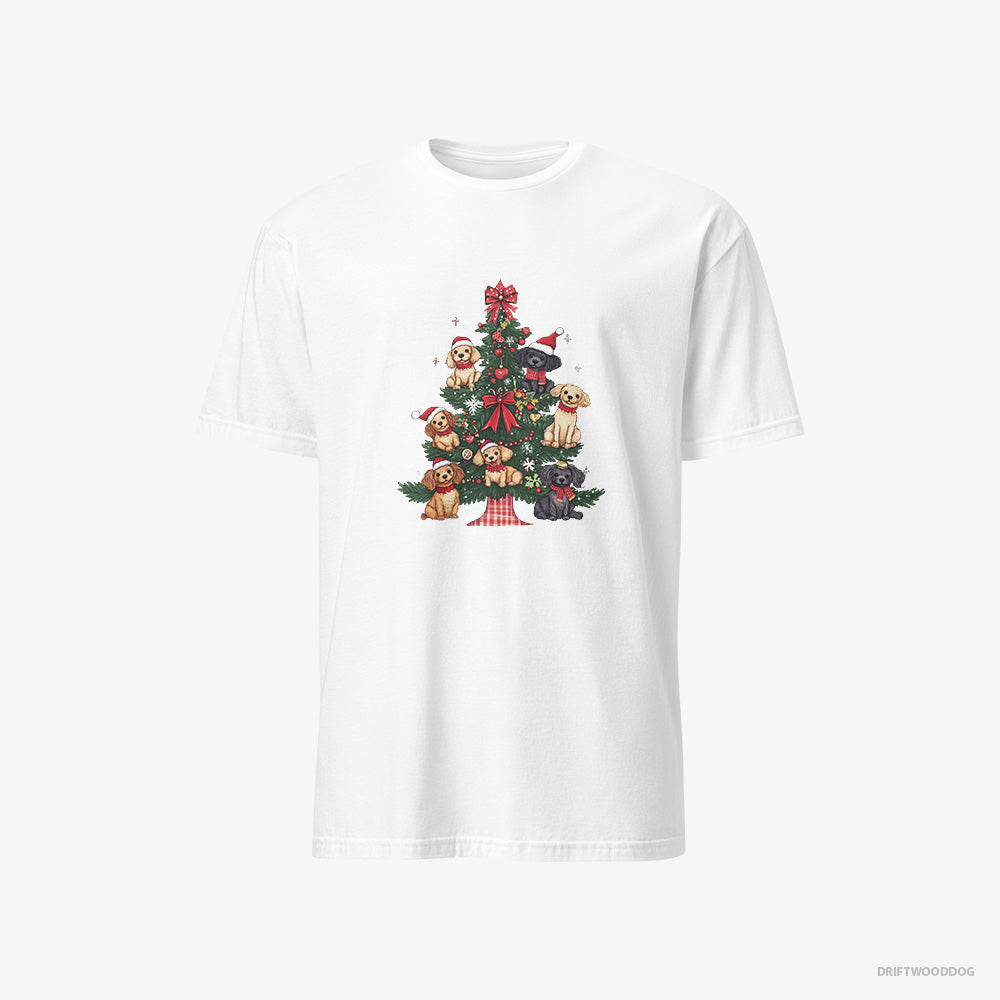 Poodle T-Shirt – Men White T-Shirt Classic – Puppies Climbing Christmas Tree Branches (on White Background)