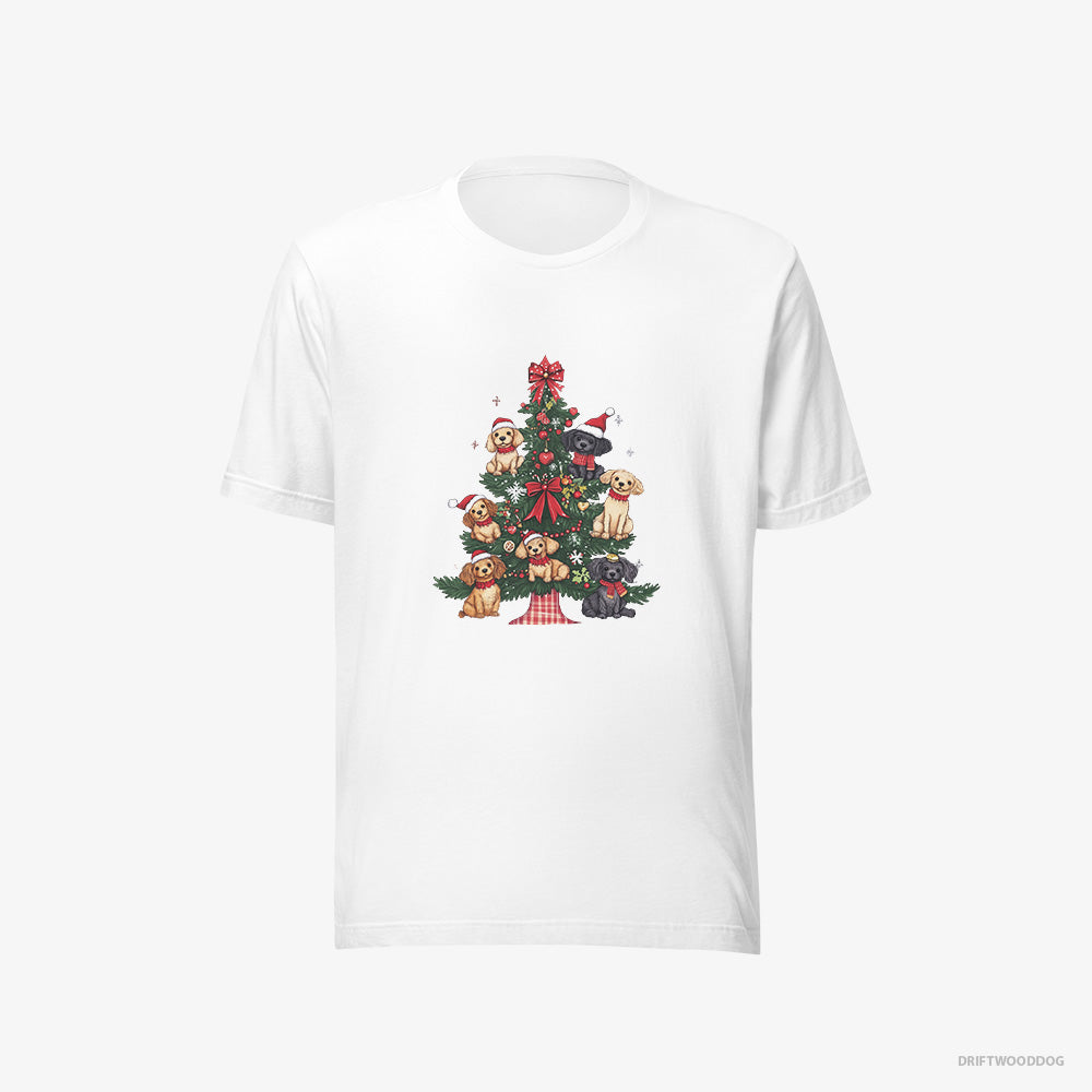 Poodle T-Shirt – Men White T-Shirt Eco-Friendly – Puppies Climbing Christmas Tree Branches (on White Background)