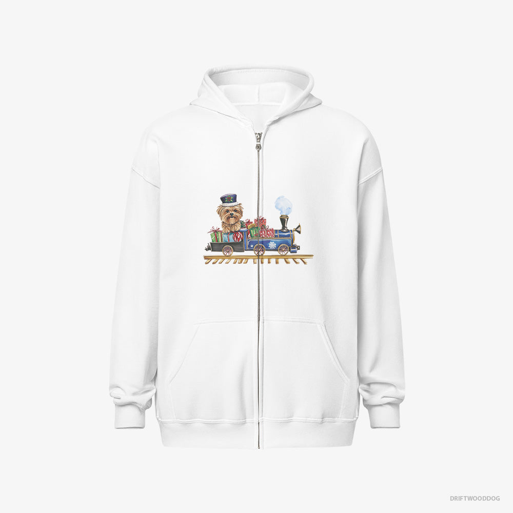 Yorkshire Terrier Hoodie – Men White Hoodie Full-Zip – Driving a Christmas Train Full of Gifts (on White Background)