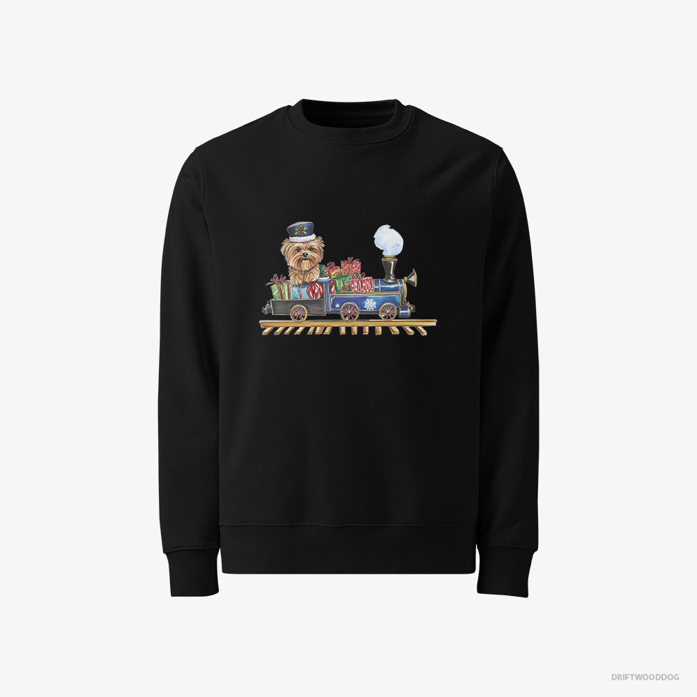 Yorkshire Terrier Sweatshirt – Women Black Sweatshirt Classic – Driving a Christmas Train Full of Gifts (on White Background)