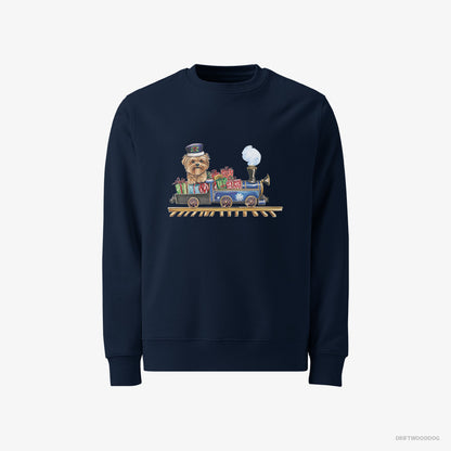 Yorkshire Terrier Sweatshirt – Men Navy Sweatshirt Classic – Driving a Christmas Train Full of Gifts (on White Background)