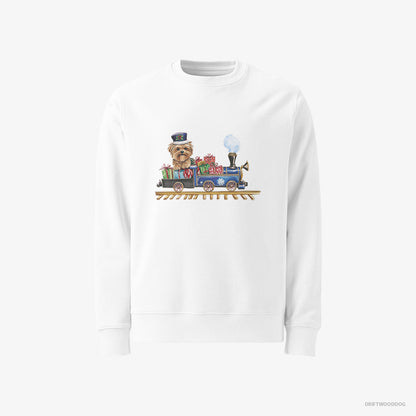 Yorkshire Terrier Driving a Christmas Train Full of Gifts White Sweatshirt