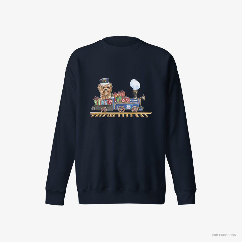 Yorkshire Terrier Sweatshirt – Men Navy Sweatshirt Eco-Friendly – Driving a Christmas Train Full of Gifts (on White Background)