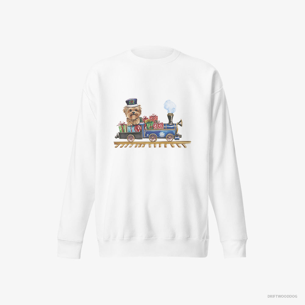 Yorkshire Terrier Sweatshirt – Women White Sweatshirt Eco-Friendly – Driving a Christmas Train Full of Gifts (on White Background)