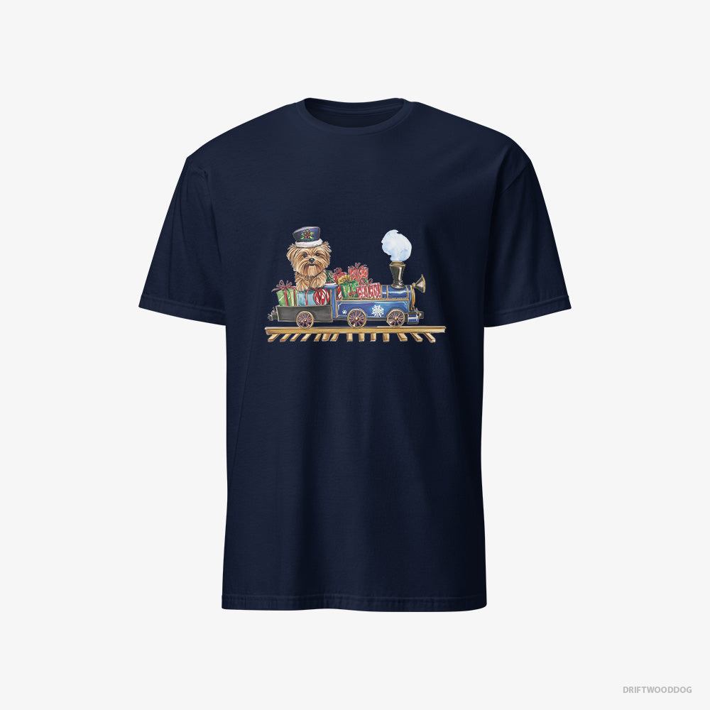 Yorkshire Terrier T-Shirt – Men Navy T-Shirt Classic – Driving a Christmas Train Full of Gifts (on White Background)