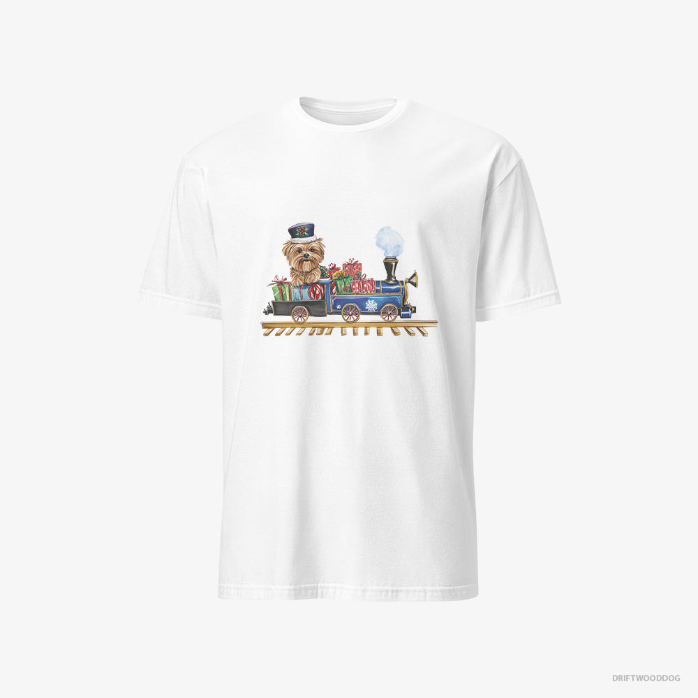 Yorkshire Terrier T-Shirt – Men White T-Shirt Classic – Driving a Christmas Train Full of Gifts (on White Background)