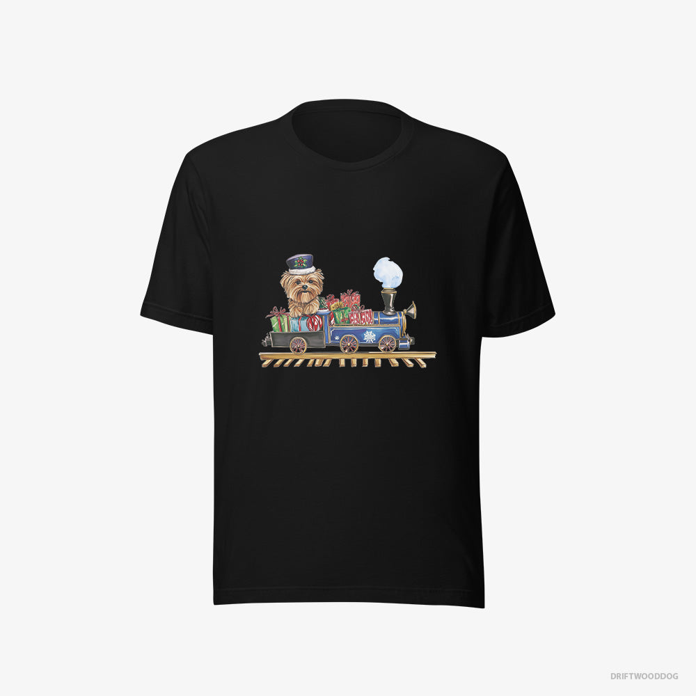 Yorkshire Terrier T-Shirt – Men Black T-Shirt Eco-Friendly – Driving a Christmas Train Full of Gifts (on White Background)