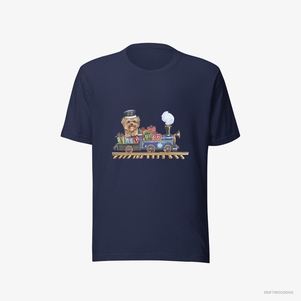 Yorkshire Terrier T-Shirt – Men Navy T-Shirt Eco-Friendly – Driving a Christmas Train Full of Gifts (on White Background)