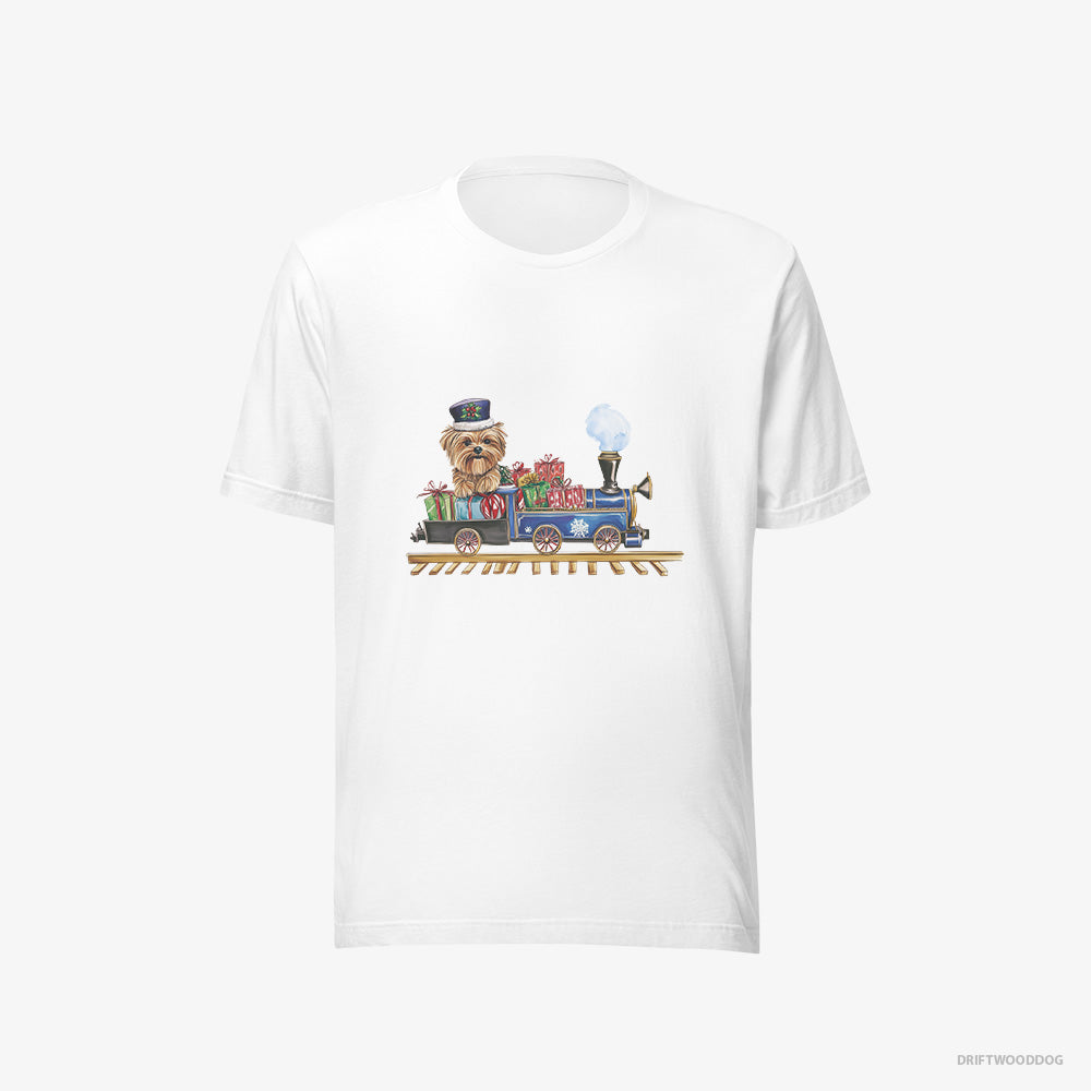 Yorkshire Terrier T-Shirt – Men White T-Shirt Eco-Friendly – Driving a Christmas Train Full of Gifts (on White Background)