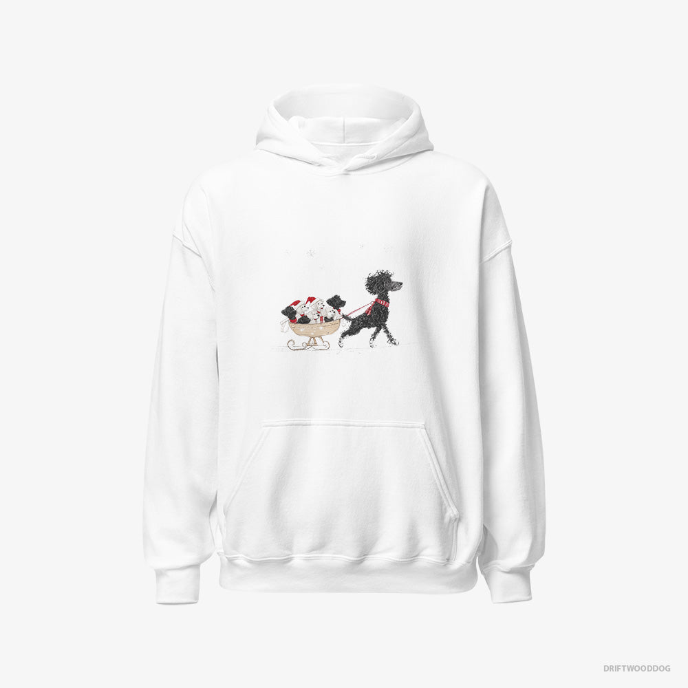 Poodle Hoodie – Men White Hoodie Classic – Enjoying a Sled Ride with Her Puppies (on White Background)