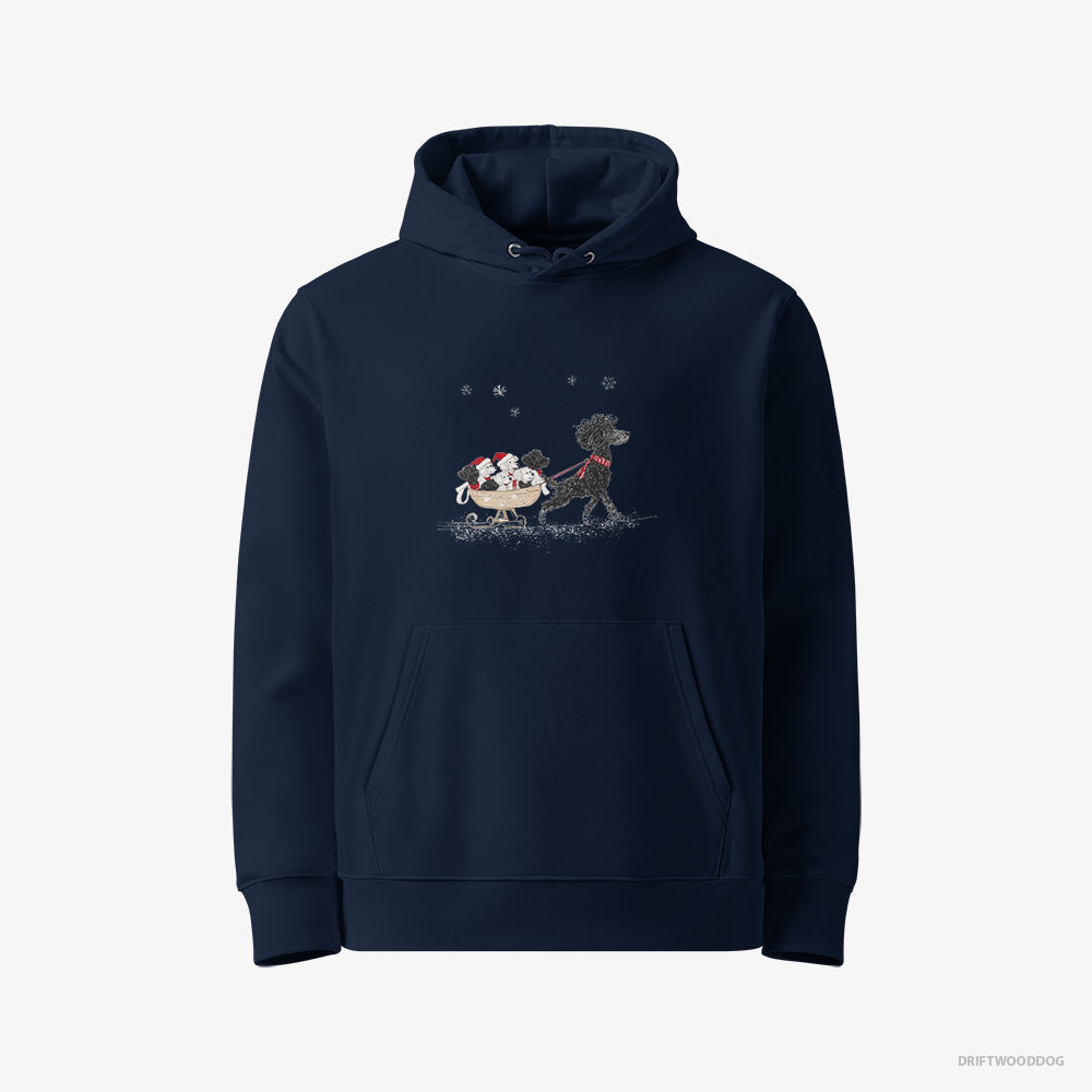 Poodle Hoodie – Women Navy Hoodie Eco-Friendly – Enjoying a Sled Ride with Her Puppies (on White Background)