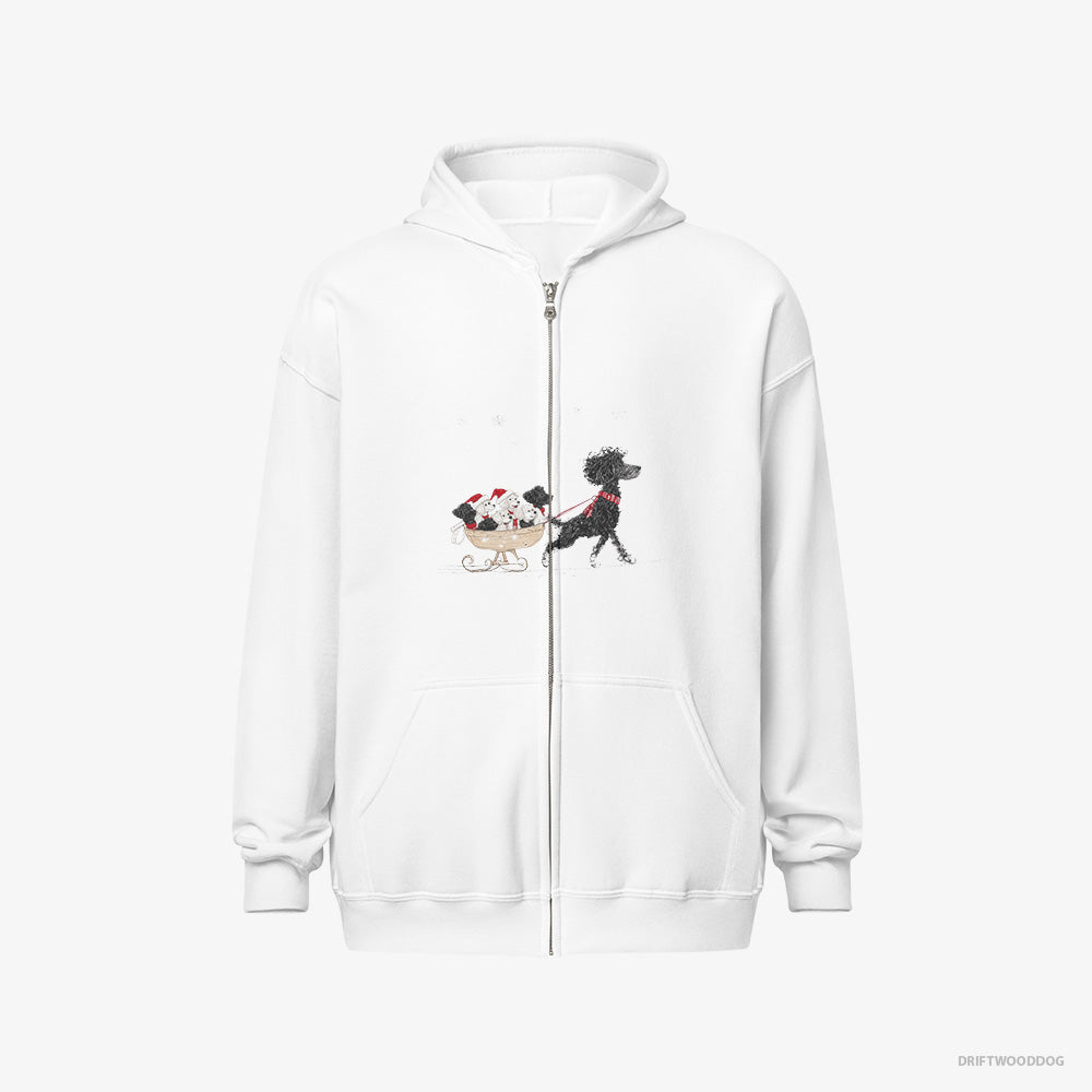 Poodle Hoodie – Men White Hoodie Full-Zip – Enjoying a Sled Ride with Her Puppies (on White Background)