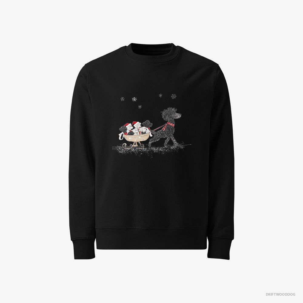 Poodle Sweatshirt – Men Black Sweatshirt Classic – Enjoying a Sled Ride with Her Puppies (on White Background)