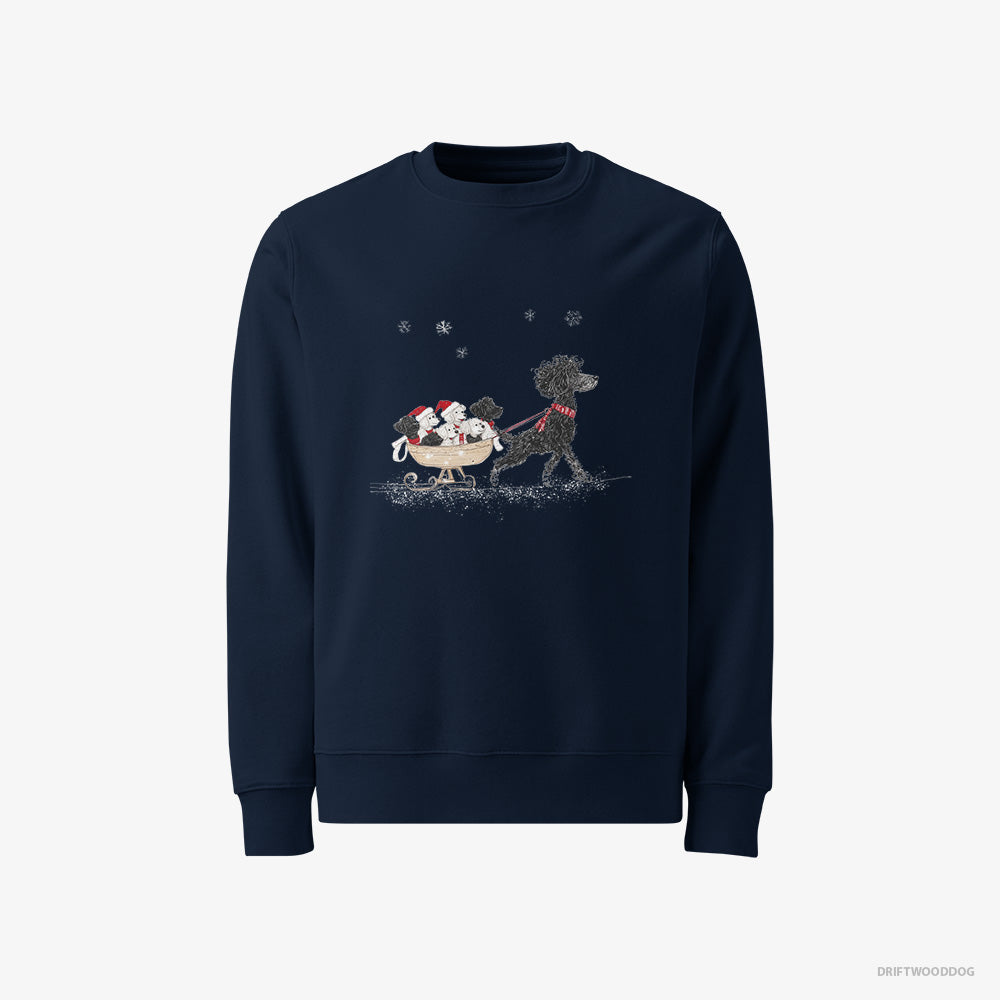 Poodle Sweatshirt – Men Navy Sweatshirt Classic – Enjoying a Sled Ride with Her Puppies (on White Background)