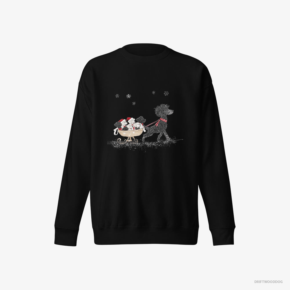 Poodle Sweatshirt – Women Black Sweatshirt Eco-Friendly – Enjoying a Sled Ride with Her Puppies (on White Background)