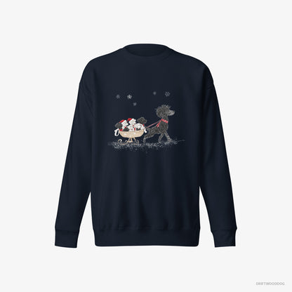 Poodle Sweatshirt – Men Navy Sweatshirt Eco-Friendly – Enjoying a Sled Ride with Her Puppies (on White Background)