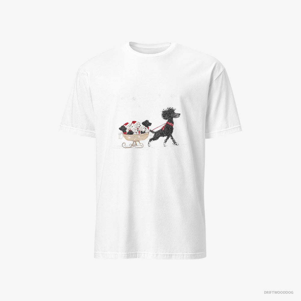 Poodle T-Shirt – Men White T-Shirt Classic – Enjoying a Sled Ride with Her Puppies (on White Background)