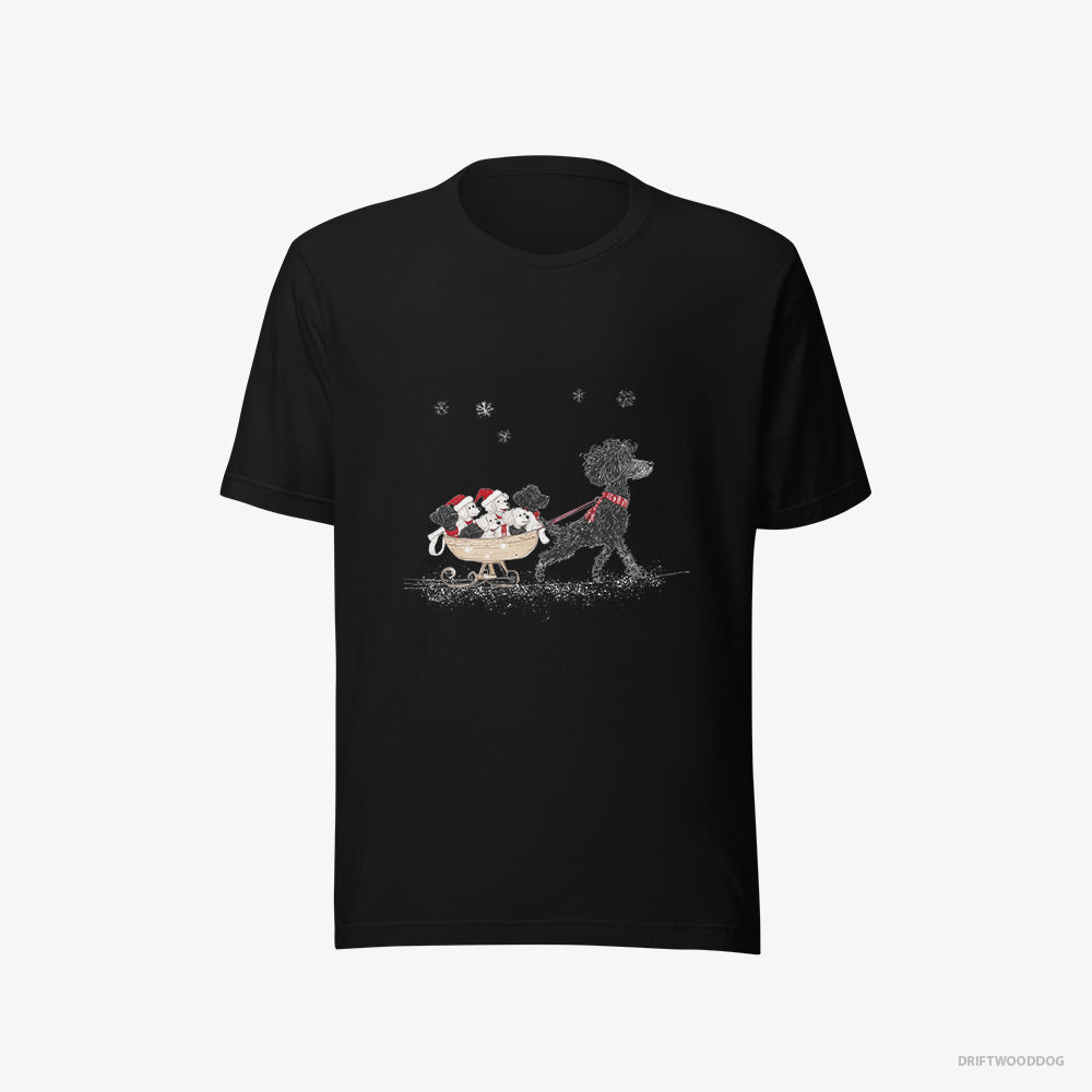 Poodle T-Shirt – Men Black T-Shirt Eco-Friendly – Enjoying a Sled Ride with Her Puppies (on White Background)