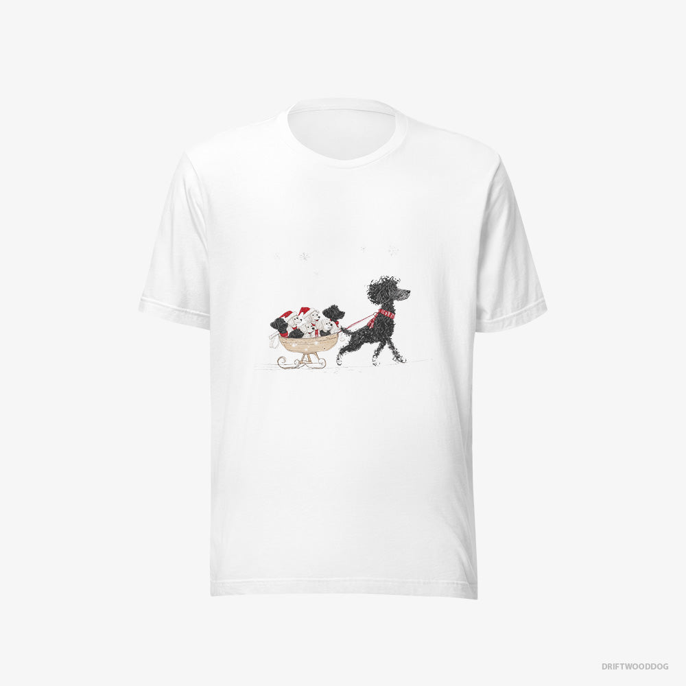 Poodle T-Shirt – Men White T-Shirt Eco-Friendly – Enjoying a Sled Ride with Her Puppies (on White Background)