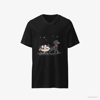 Poodle T-Shirt – Men Black T-Shirt V-Neck – Enjoying a Sled Ride with Her Puppies (on White Background)