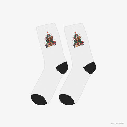 Cavalier King Charles Spaniel Socks – Unisex White Socks Classic – Puppies on Tree (on White Background)