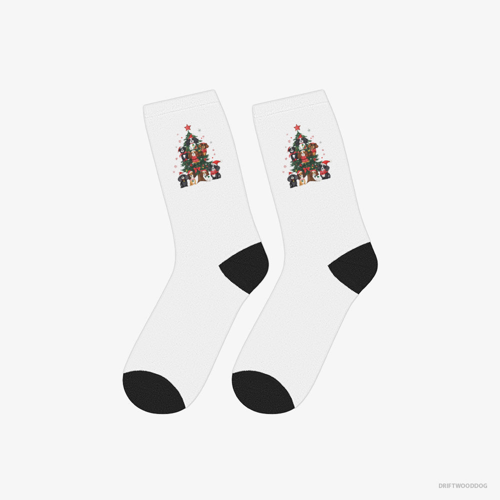 Cavalier King Charles Spaniel Socks – Unisex White Socks Eco-Friendly – Puppies on Tree (on White Background)