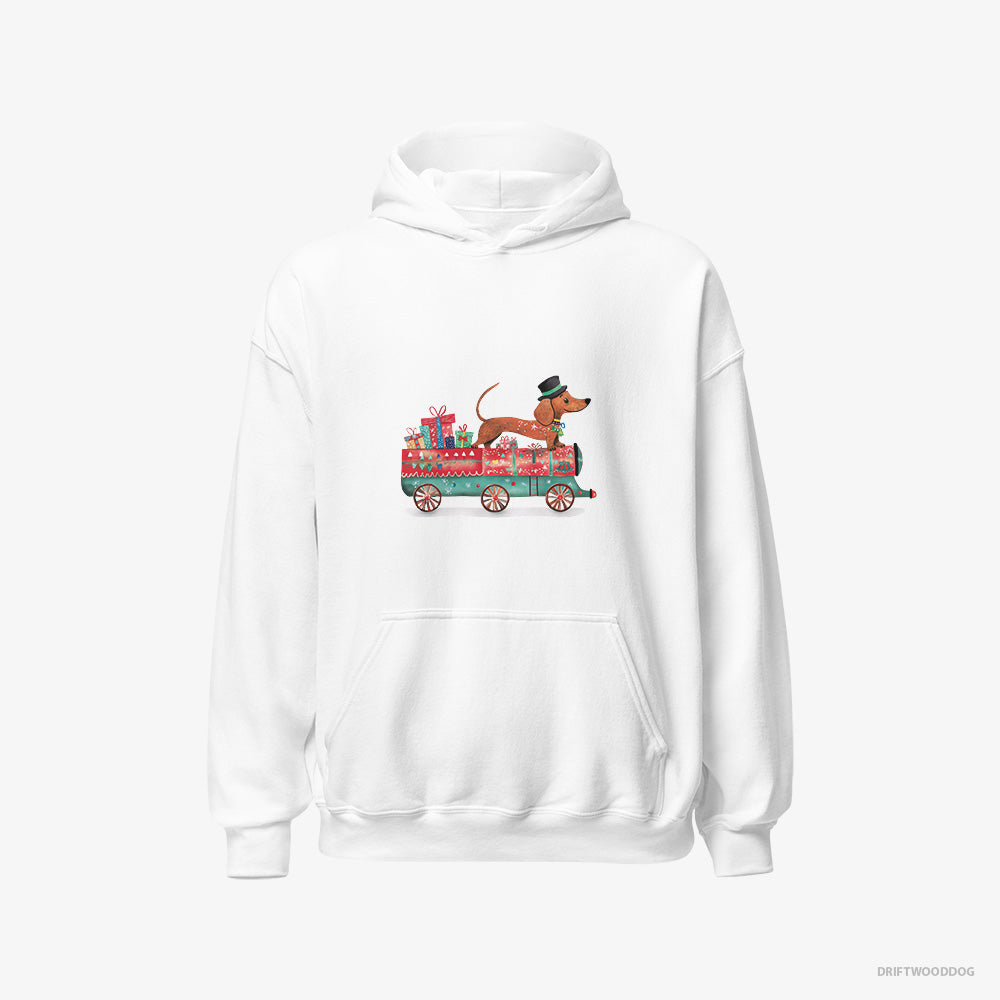 Dachshund Hoodie – Men White Hoodie Classic – on a Train with Christmas Presents (on White Background)