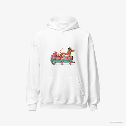 Dachshund Hoodie – Men White Hoodie Classic – on a Train with Christmas Presents (on White Background)