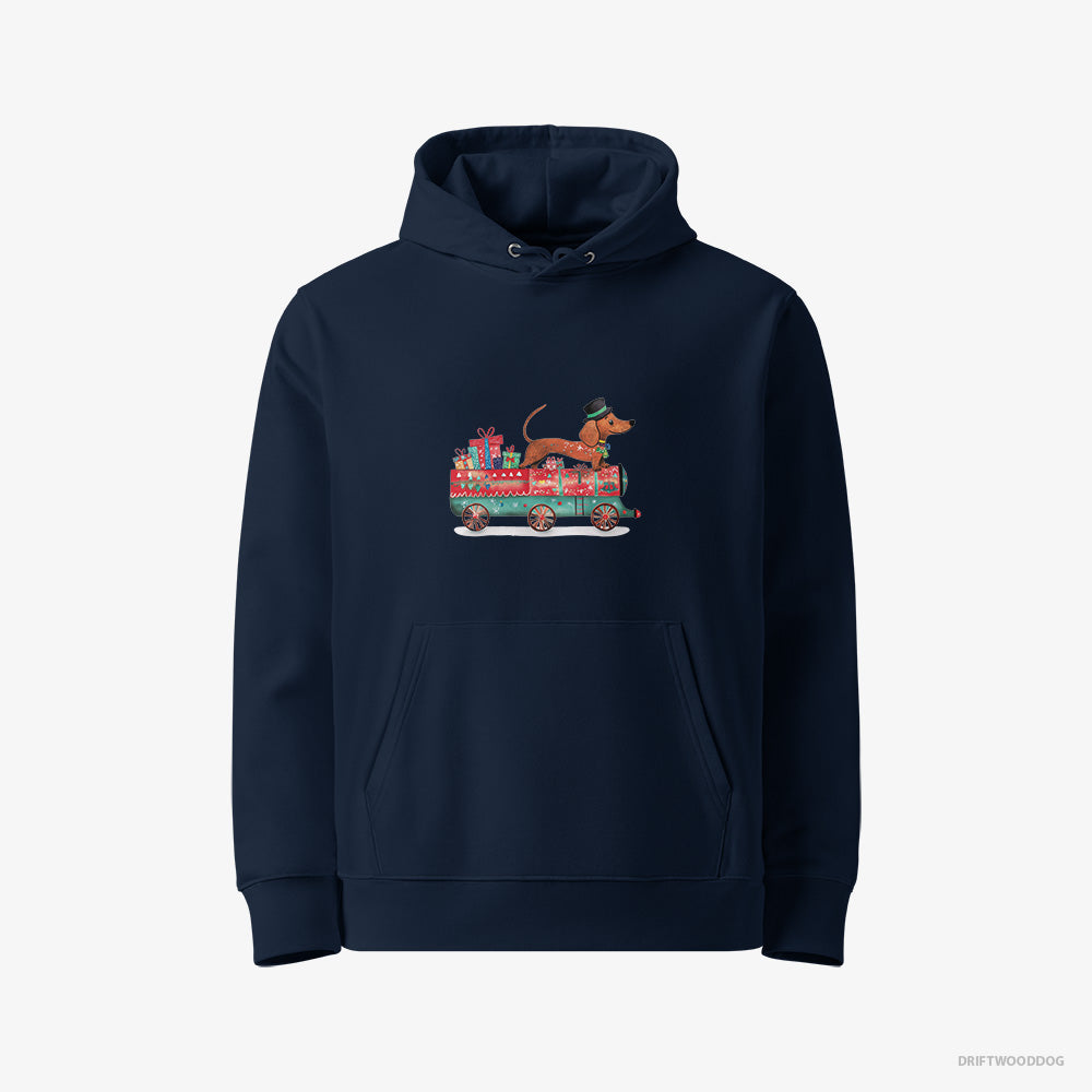 Dachshund Hoodie – Women Navy Hoodie Eco-Friendly – on a Train with Christmas Presents (on White Background)