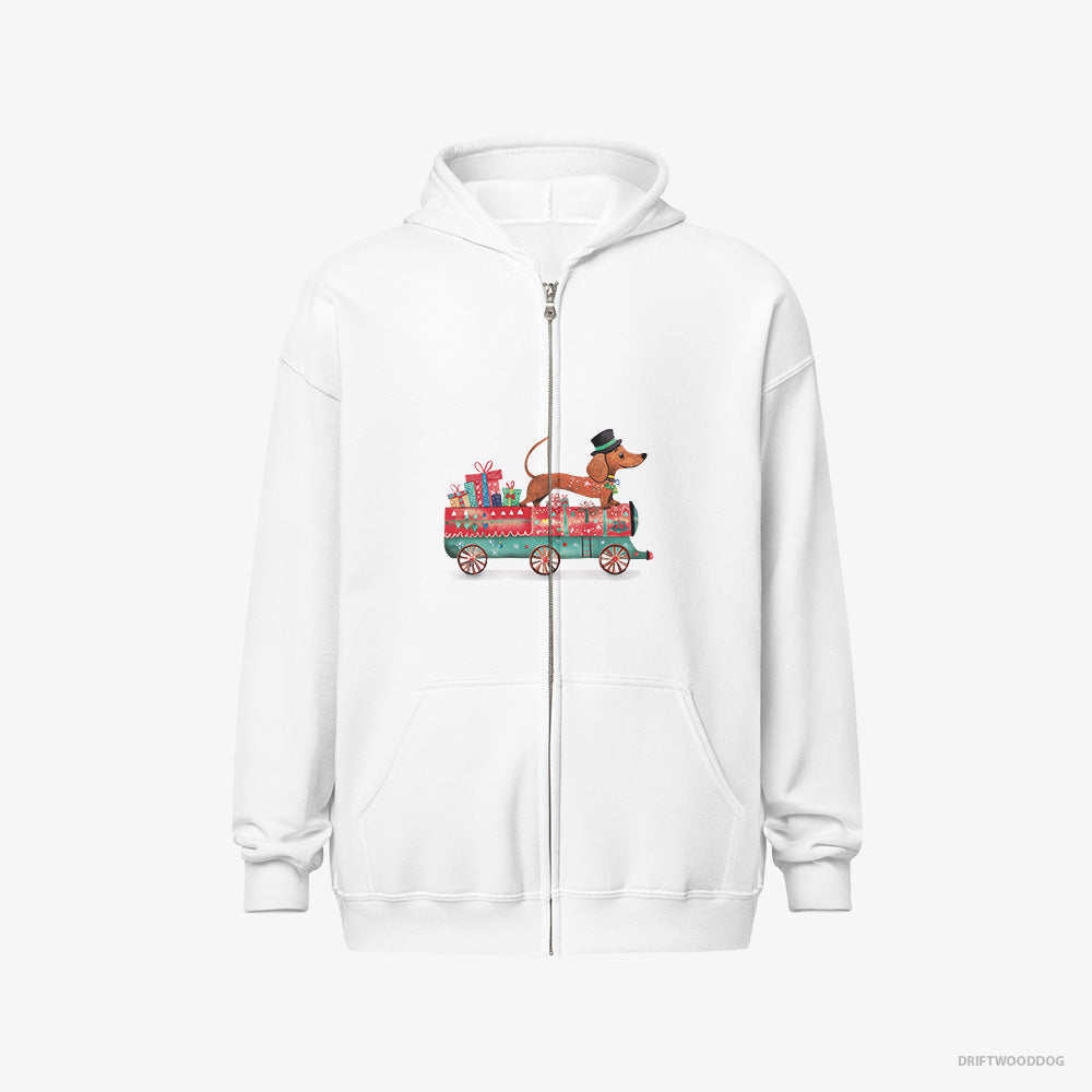 Dachshund Hoodie – Men White Hoodie Full-Zip – on a Train with Christmas Presents (on White Background)