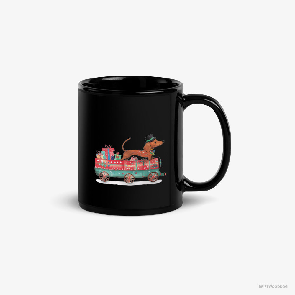 Dachshund Mug – Unisex Black Mug Classic – on a Train with Christmas Presents (on White Background)