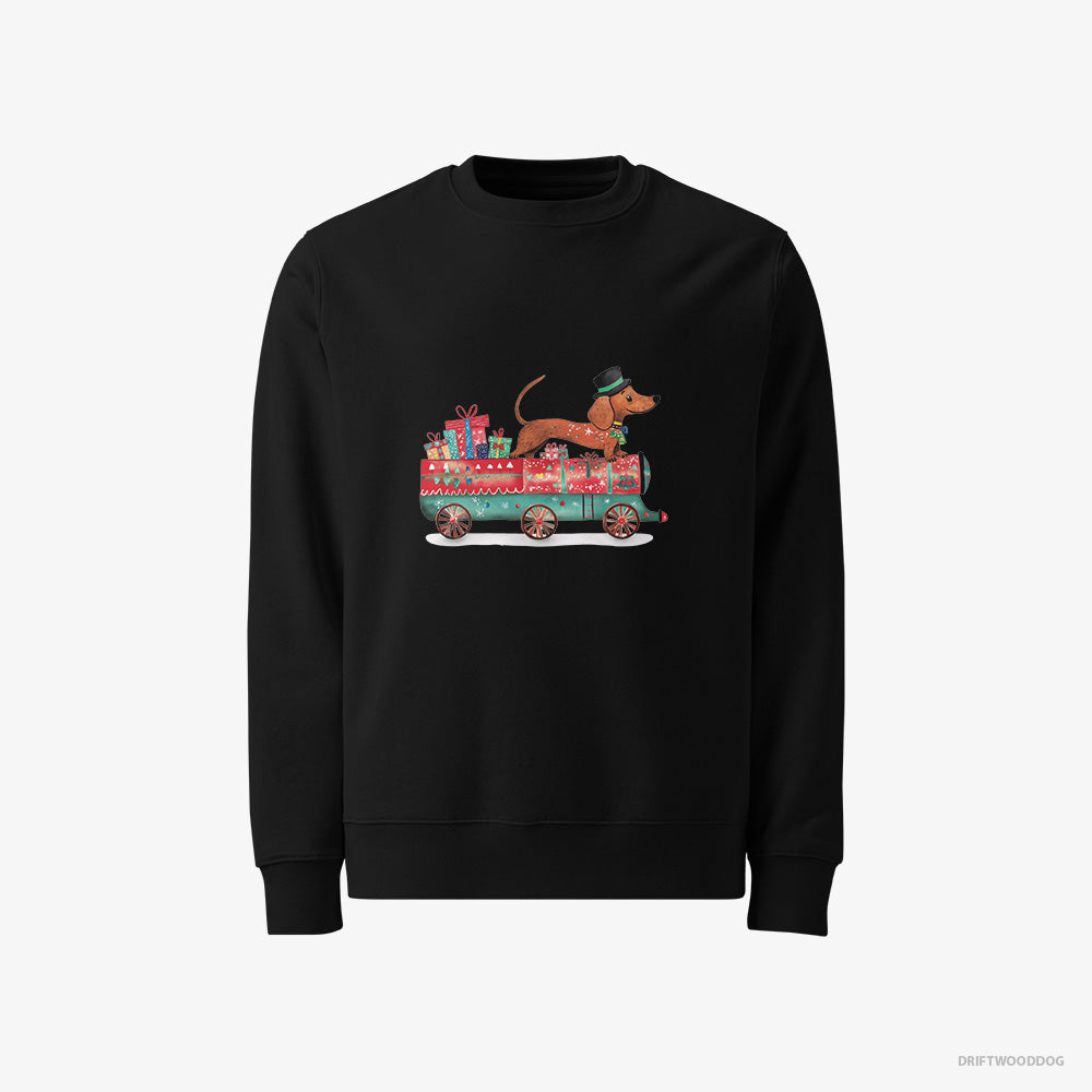 Dachshund Sweatshirt – Men Black Sweatshirt Classic – on a Train with Christmas Presents (on White Background)