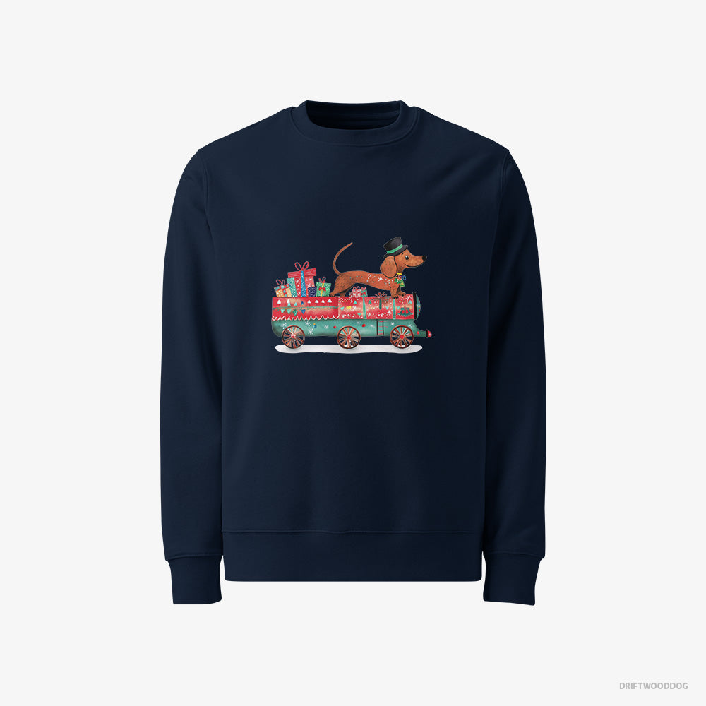 Dachshund Sweatshirt – Men Navy Sweatshirt Classic – on a Train with Christmas Presents (on White Background)